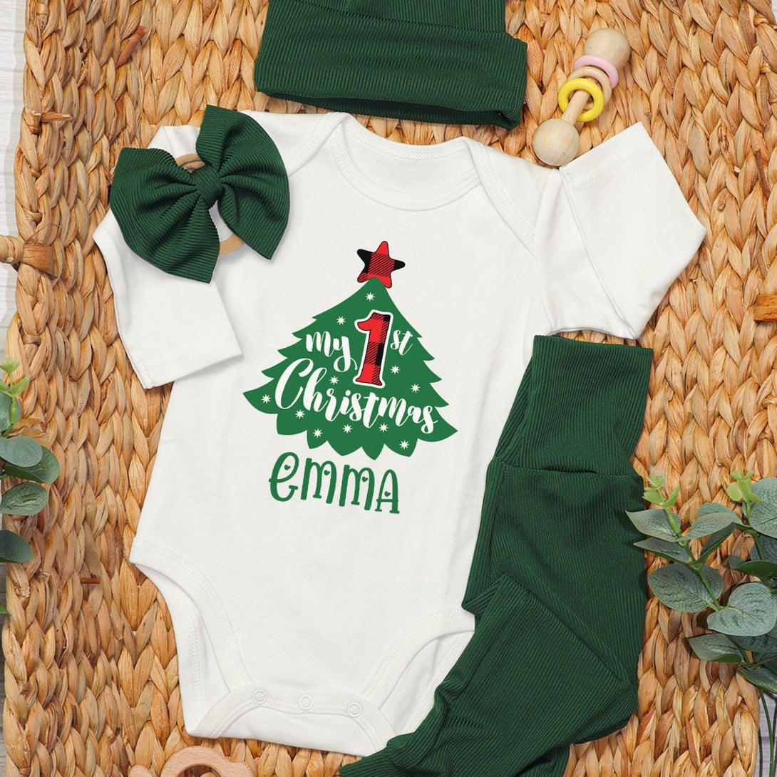 Personalized My First Christmas Tree Baby Onesie and Long Pants Set | Custom Cute Christmas Tree Bodysuit - BabiChic