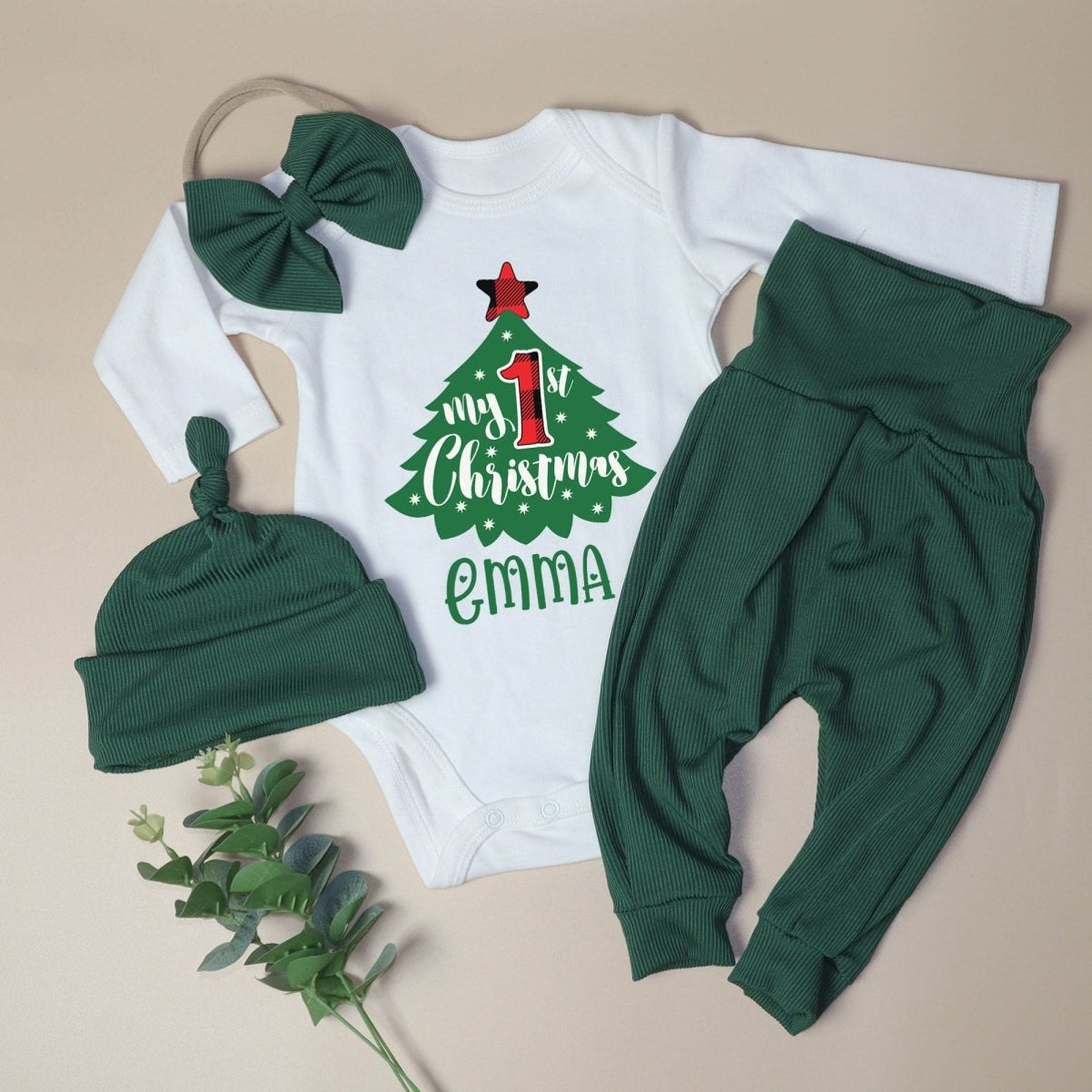 Personalized My First Christmas Tree Baby Onesie and Long Pants Set | Custom Cute Christmas Tree Bodysuit - BabiChic