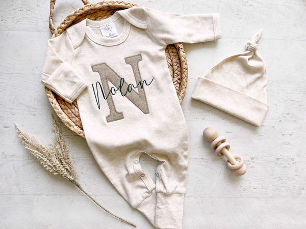 Personalized Neutral Baby Romper, Baby Shower Gift, Beige Sleeper Fall Outfit Autumn Baby Going Home - BabiChic
