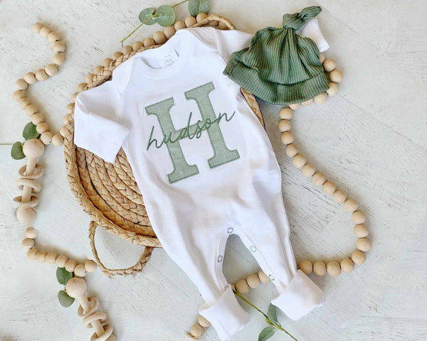 Personalized Neutral Baby Romper & Hat Set, Baby Boy Coming Home Outfit, Baby Shower Gift With Sage Green - BabiChic