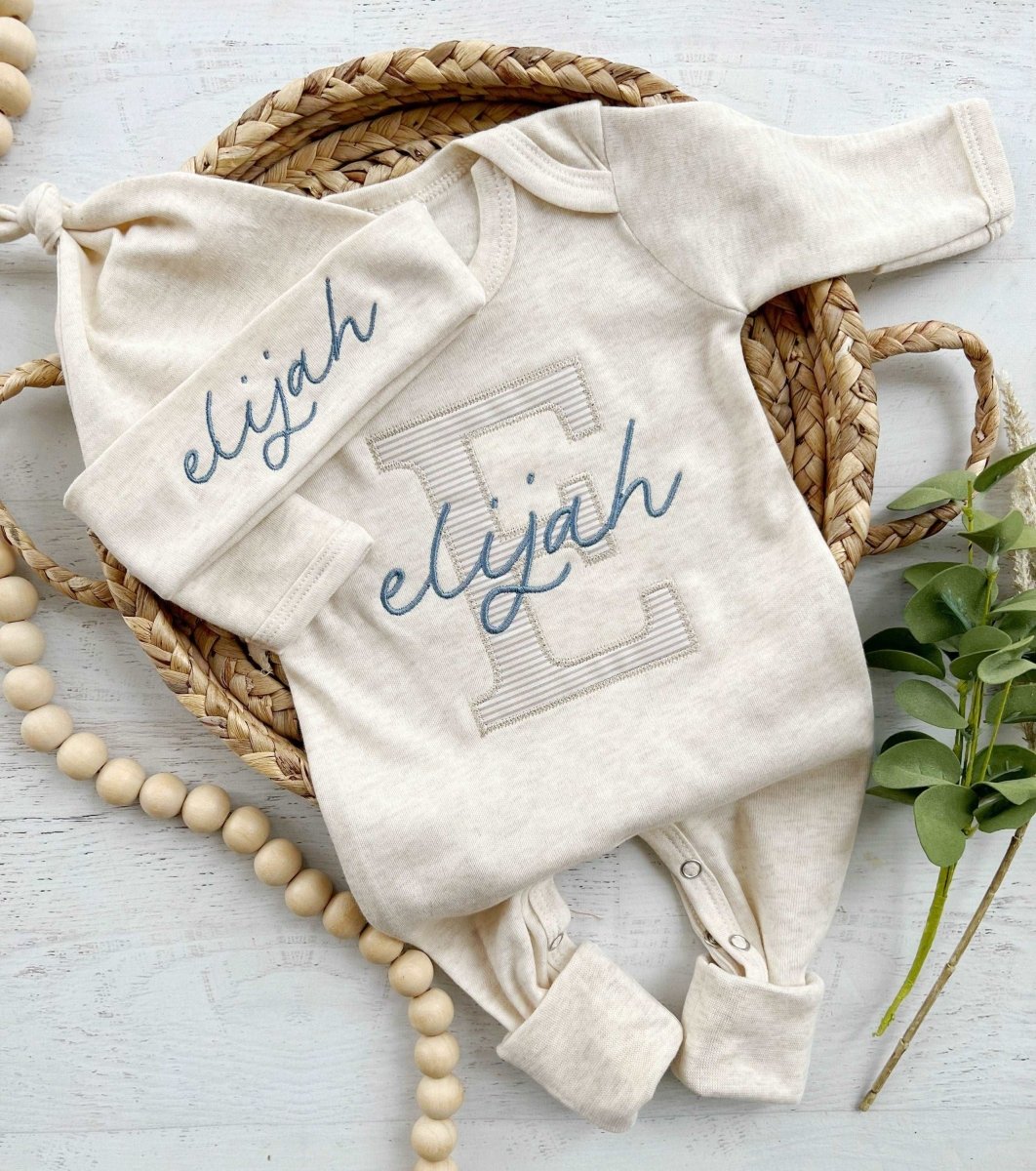 Personalized Neutral Baby Romper & Hat Set, Custom Infant Coming Home Outfit, Baby Shower Gift - BabiChic