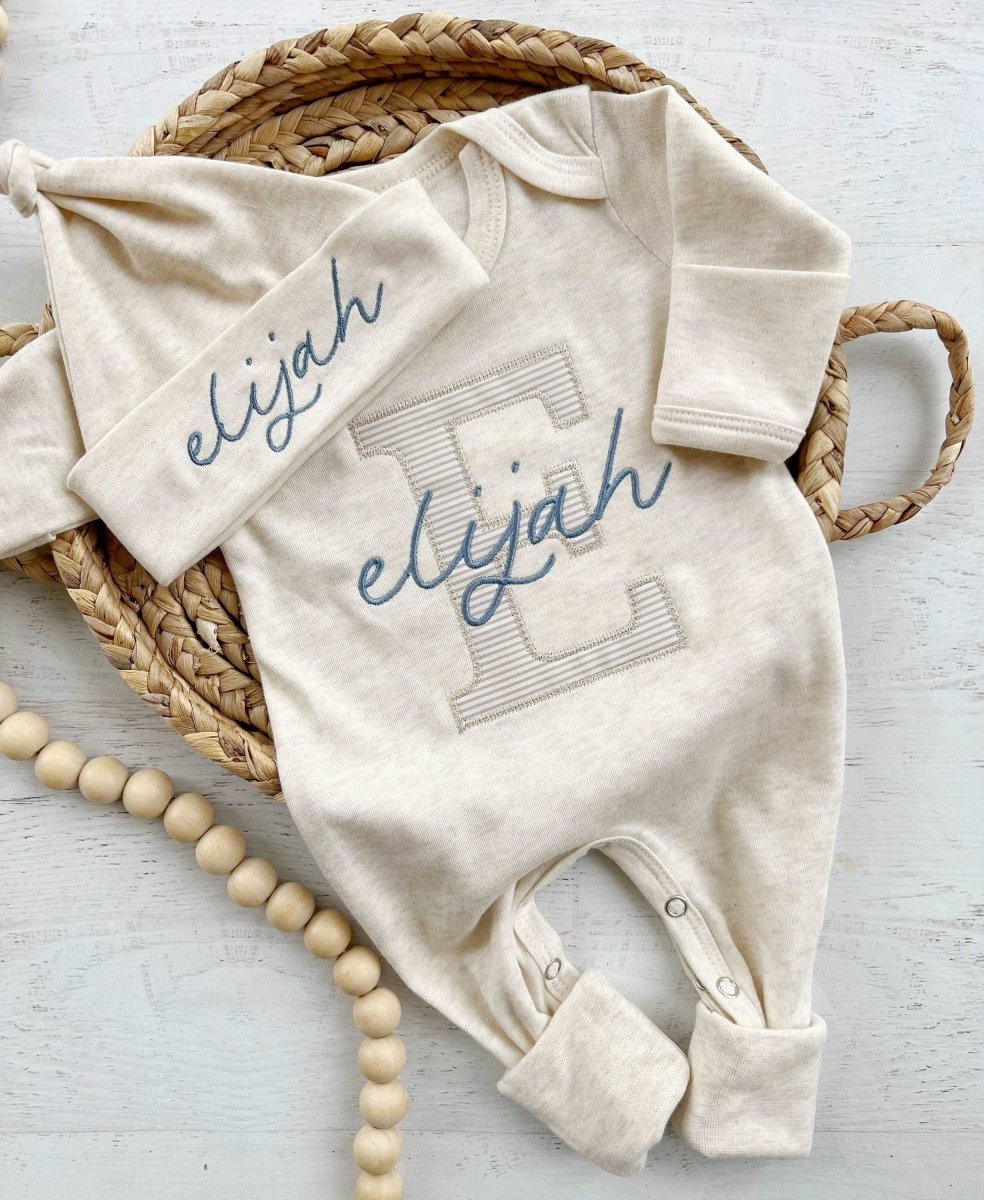 Personalized Neutral Baby Romper & Hat Set, Custom Infant Coming Home Outfit, Baby Shower Gift - BabiChic