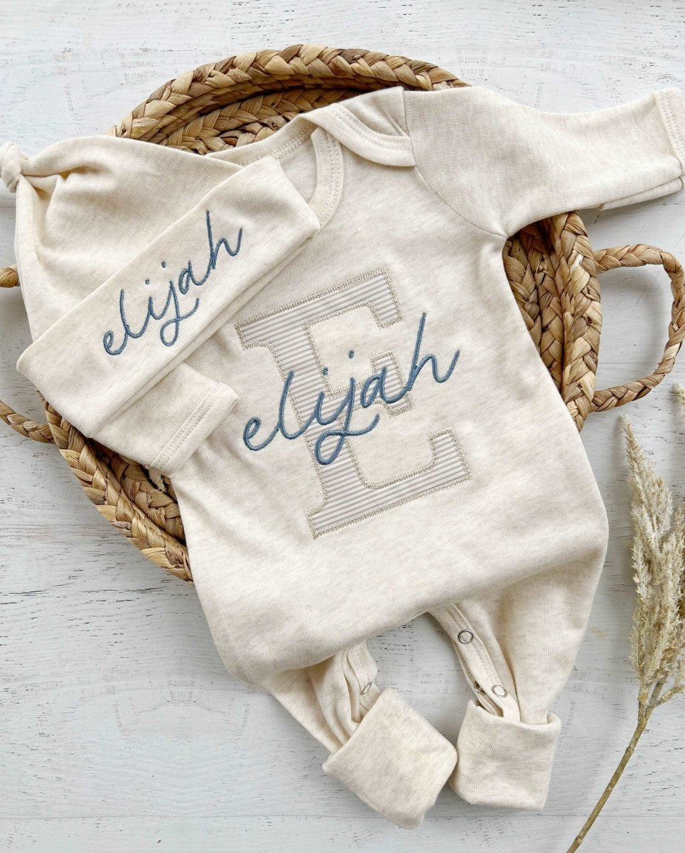 Personalized Neutral Baby Romper & Hat Set, Custom Infant Coming Home Outfit, Baby Shower Gift - BabiChic