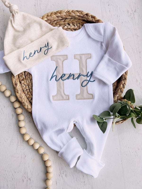 Personalized Neutral Baby Romper & Hat Set, Custom Name Infant Girls & Boy Coming Home Outfit, Baby Shower Gift - BabiChic