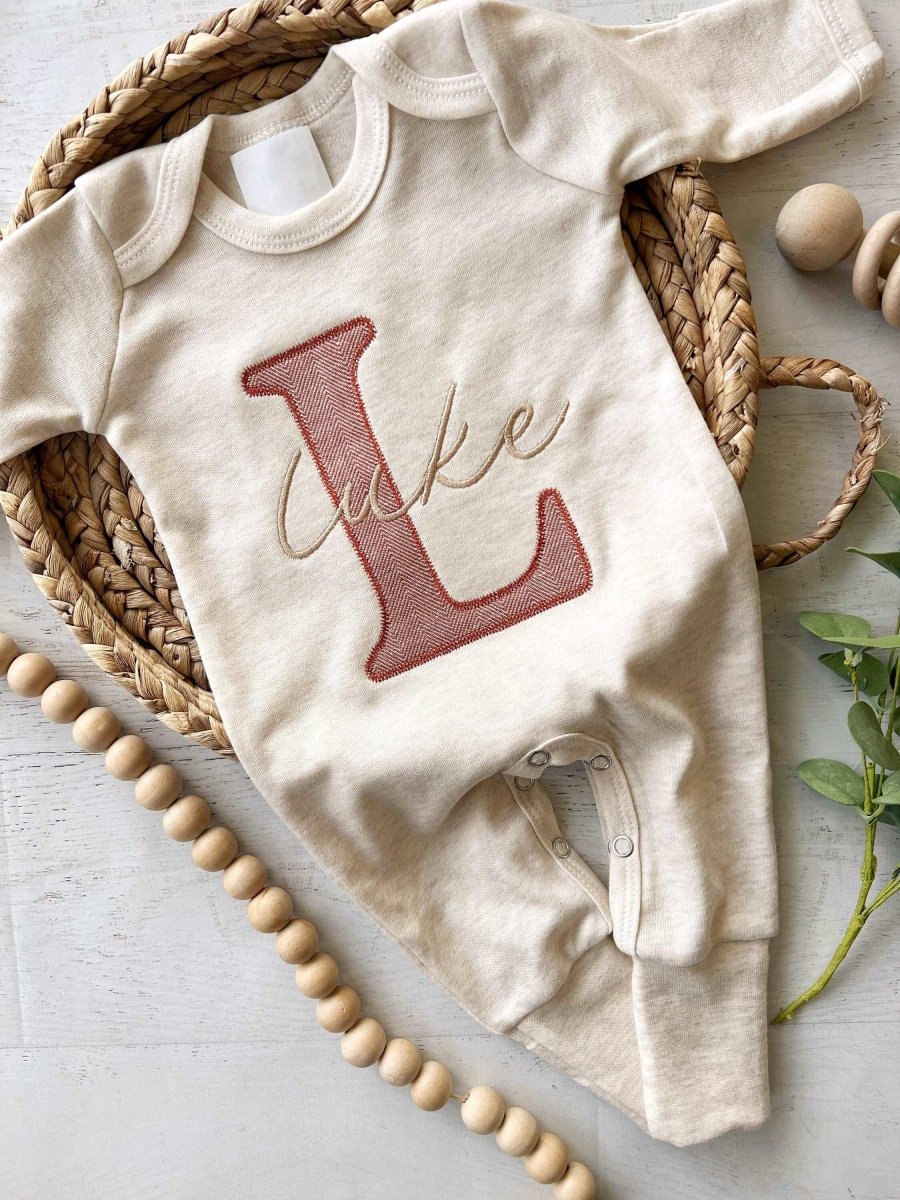 Personalized Neutral Baby Winter Fall Romper Infant Coming Home Outfit, Baby Shower Gift, Oatmeal Sleeper - BabiChic