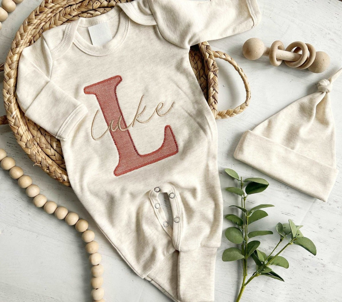 Personalized Neutral Baby Winter Fall Romper Infant Coming Home Outfit, Baby Shower Gift, Oatmeal Sleeper - BabiChic