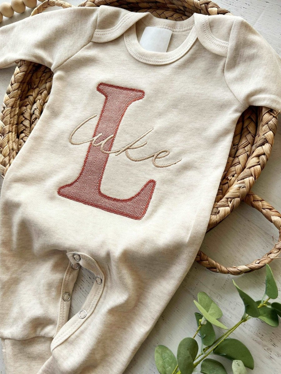 Personalized Neutral Baby Winter Fall Romper Infant Coming Home Outfit, Baby Shower Gift, Oatmeal Sleeper - BabiChic