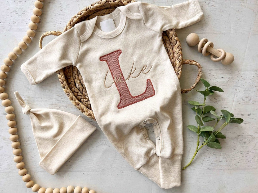 Personalized Neutral Baby Winter Fall Romper Infant Coming Home Outfit, Baby Shower Gift, Oatmeal Sleeper - BabiChic