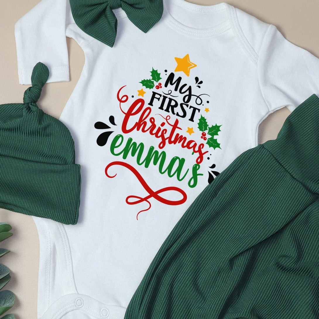 Personalized Neutral My 1st Christmas Tree Baby Onesie and Green Long Pants Set | Custom Newborn First Christmas Bodysuit - BabiChic