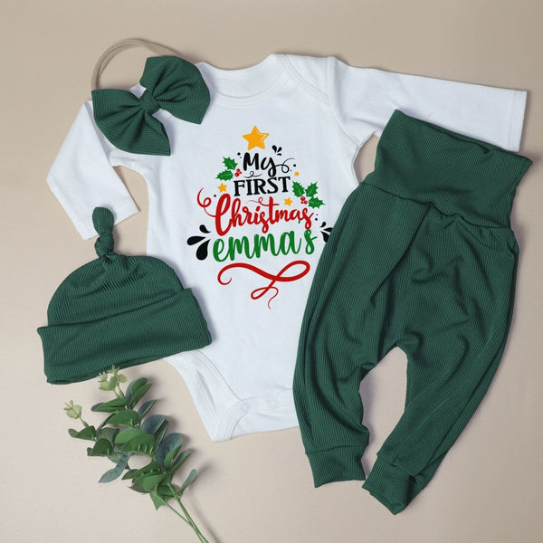 Personalized Neutral My 1st Christmas Tree Baby Onesie and Green Long Pants Set | Custom Newborn First Christmas Bodysuit - BabiChic