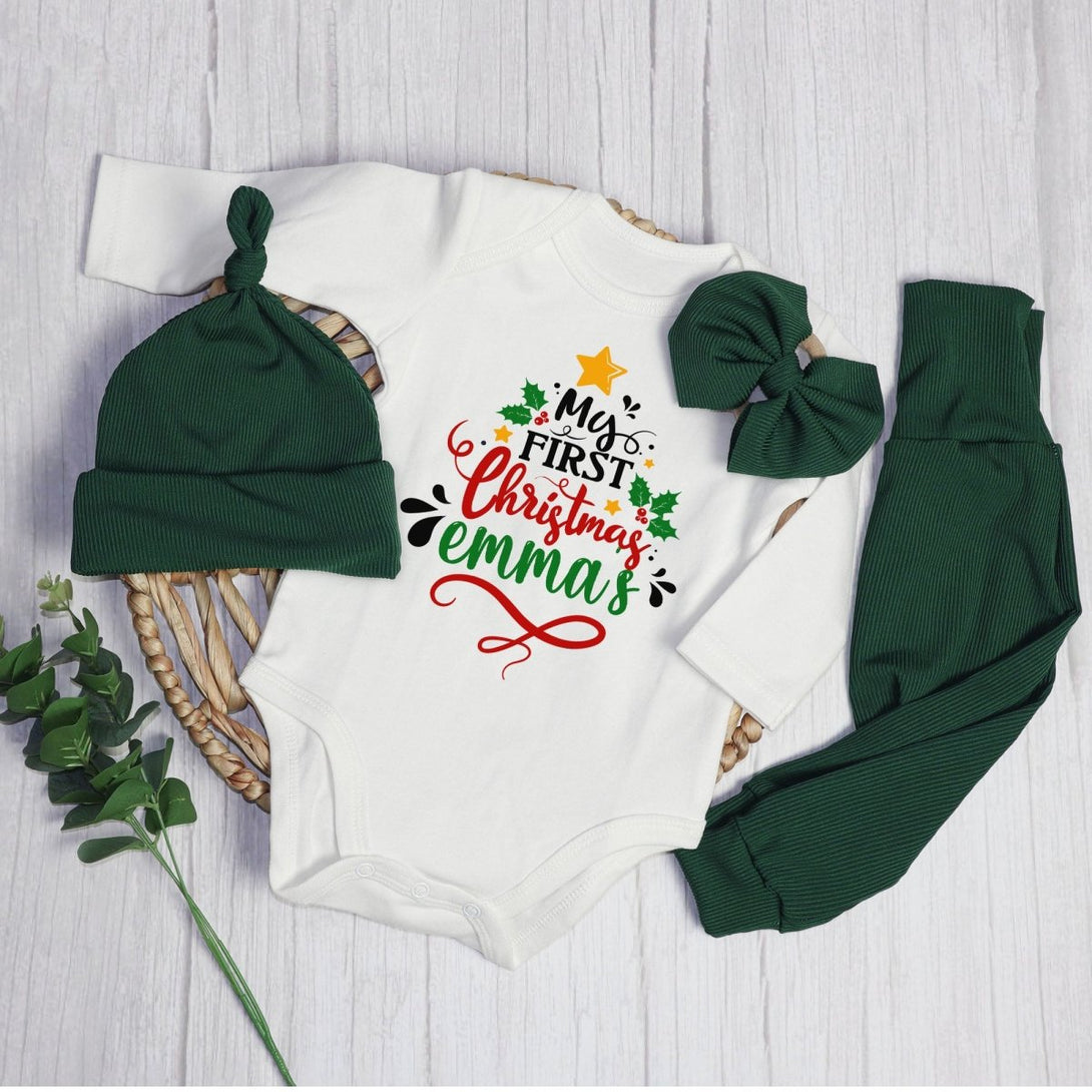 Personalized Neutral My 1st Christmas Tree Baby Onesie and Green Long Pants Set | Custom Newborn First Christmas Bodysuit - BabiChic