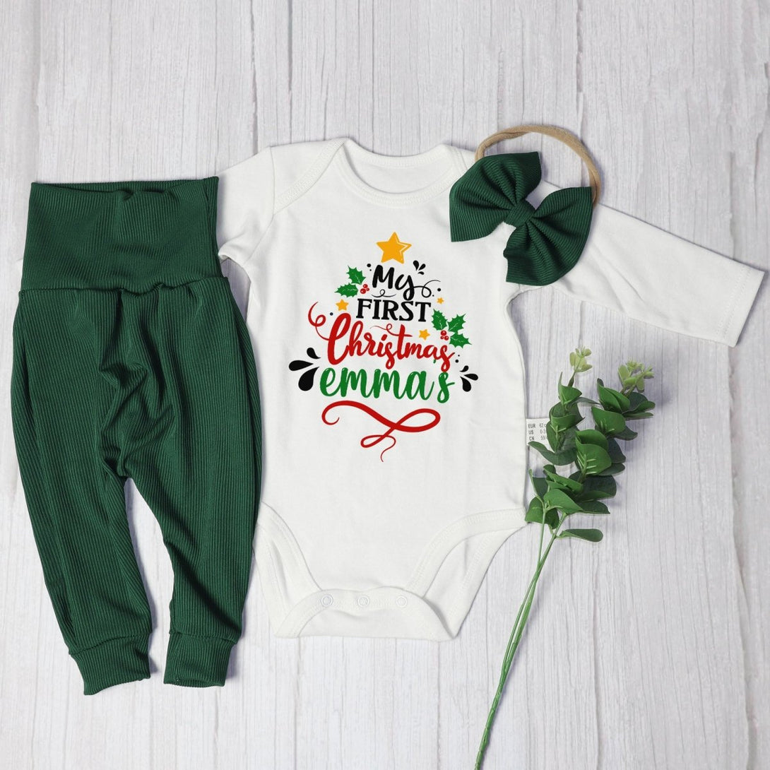 Personalized Neutral My 1st Christmas Tree Baby Onesie and Green Long Pants Set | Custom Newborn First Christmas Bodysuit - BabiChic