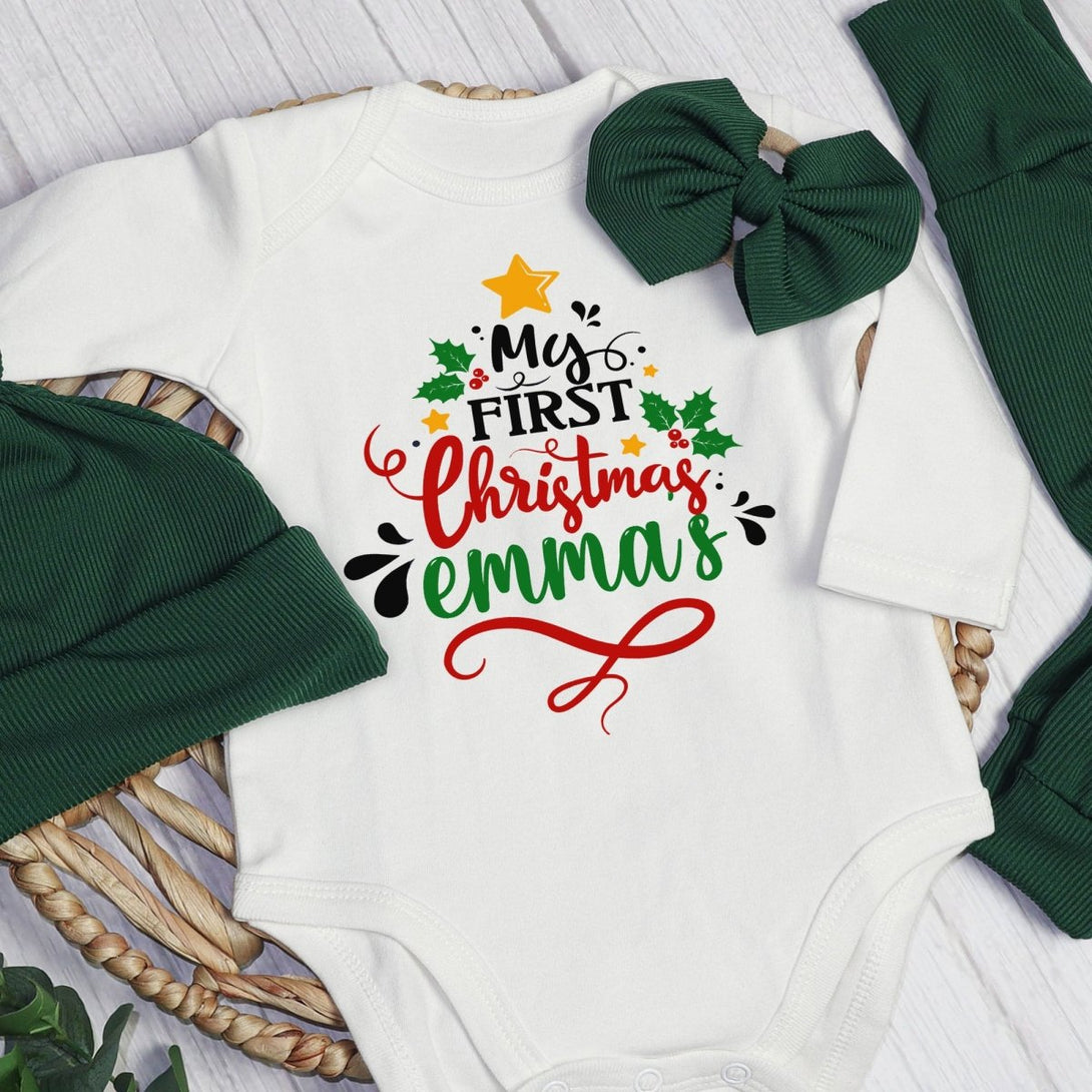 Personalized Neutral My 1st Christmas Tree Baby Onesie and Green Long Pants Set | Custom Newborn First Christmas Bodysuit - BabiChic