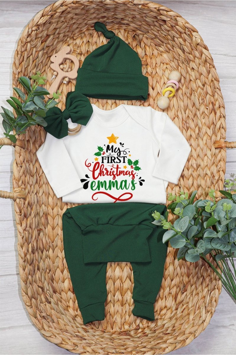 Personalized Neutral My 1st Christmas Tree Baby Onesie and Green Long Pants Set | Custom Newborn First Christmas Bodysuit - BabiChic