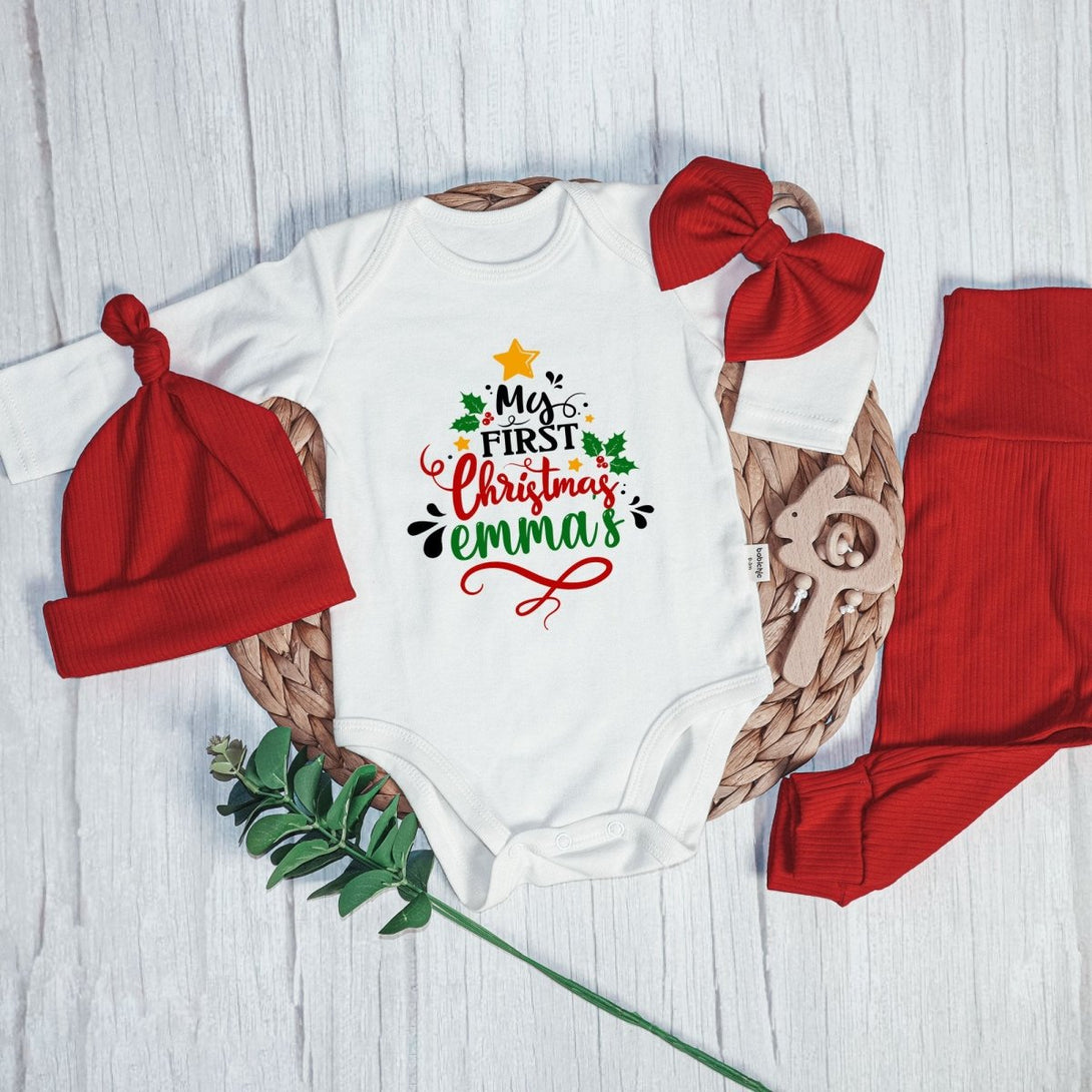 Personalized Neutral My 1st Christmas Tree Baby Onesie and Red Long Pants Set | Custom Newborn First Christmas Bodysuit - BabiChic