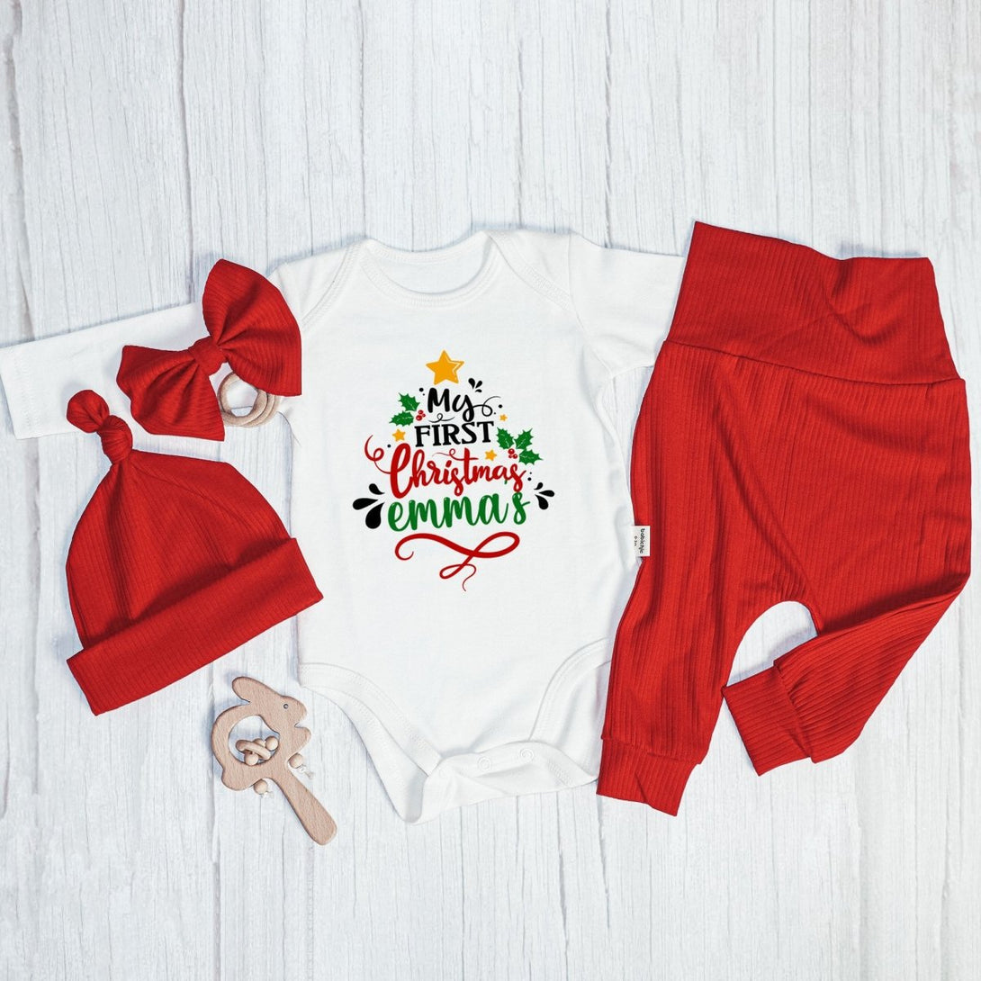 Personalized Neutral My 1st Christmas Tree Baby Onesie and Red Long Pants Set | Custom Newborn First Christmas Bodysuit - BabiChic