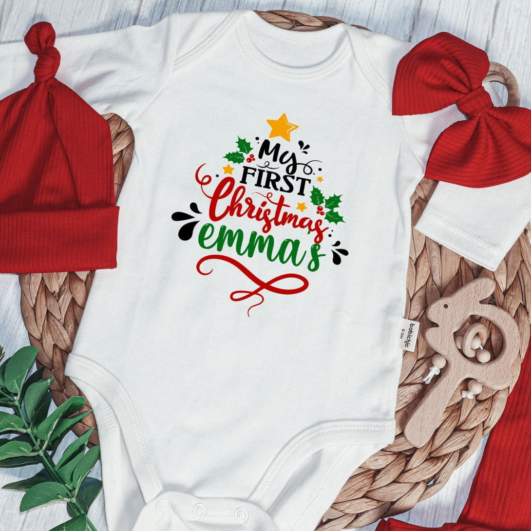 Personalized Neutral My 1st Christmas Tree Baby Onesie and Red Long Pants Set | Custom Newborn First Christmas Bodysuit - BabiChic