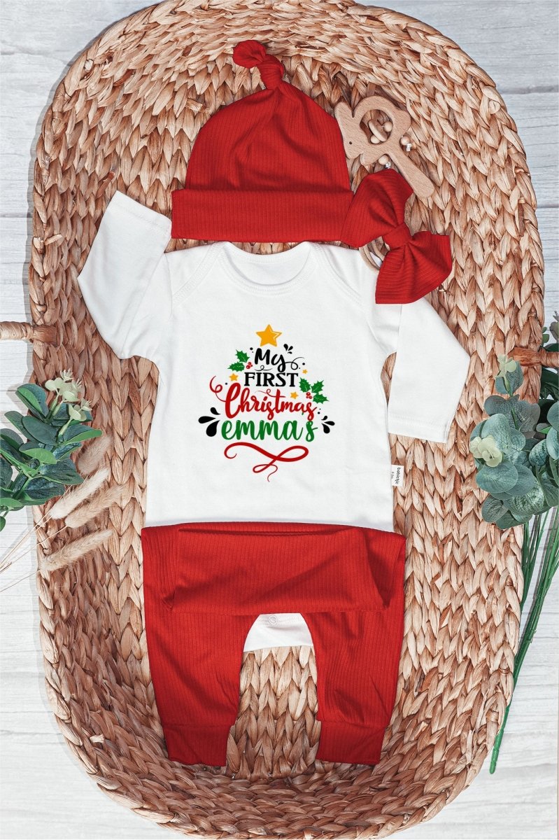 Personalized Neutral My 1st Christmas Tree Baby Onesie and Red Long Pants Set | Custom Newborn First Christmas Bodysuit - BabiChic