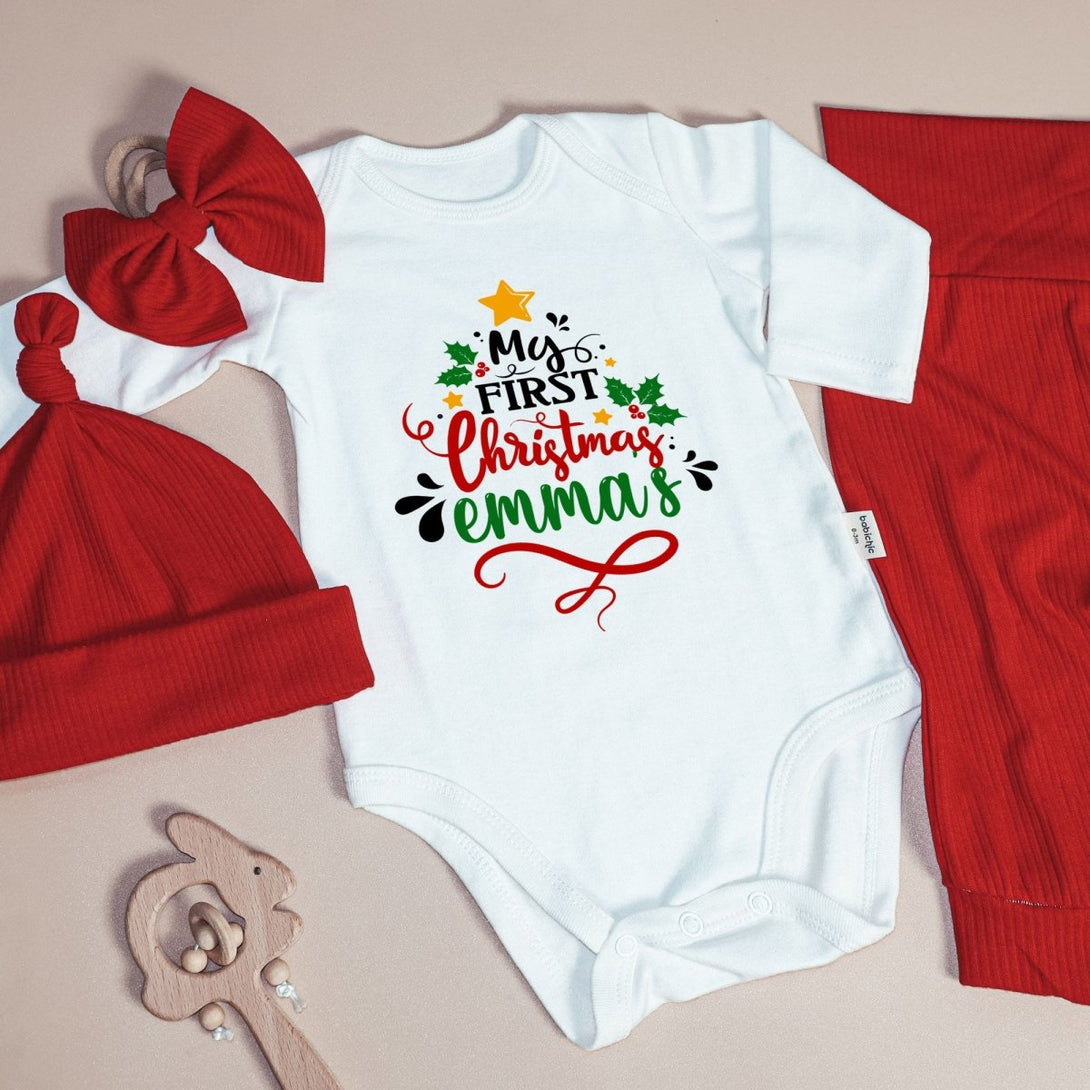 Personalized Neutral My 1st Christmas Tree Baby Onesie and Red Long Pants Set | Custom Newborn First Christmas Bodysuit - BabiChic