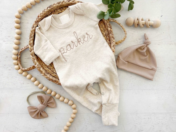 Personalized Oatmeal And Taupe Vintage Stitch Romper With Bow Or Hat, Infant Coming Home Outfit - BabiChic