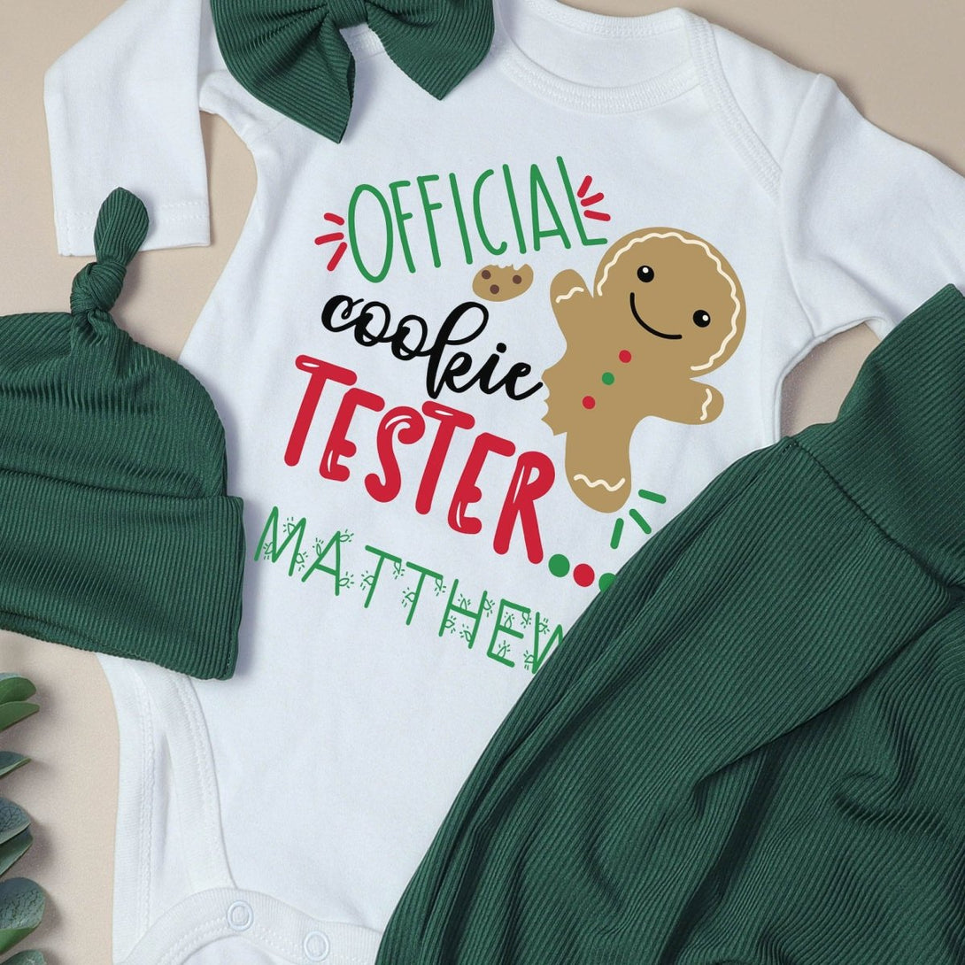 Personalized Official Cookie Tester Baby Onesie and Long Pants Set | Cute Cookie Tester Christmas Bodysuit - BabiChic