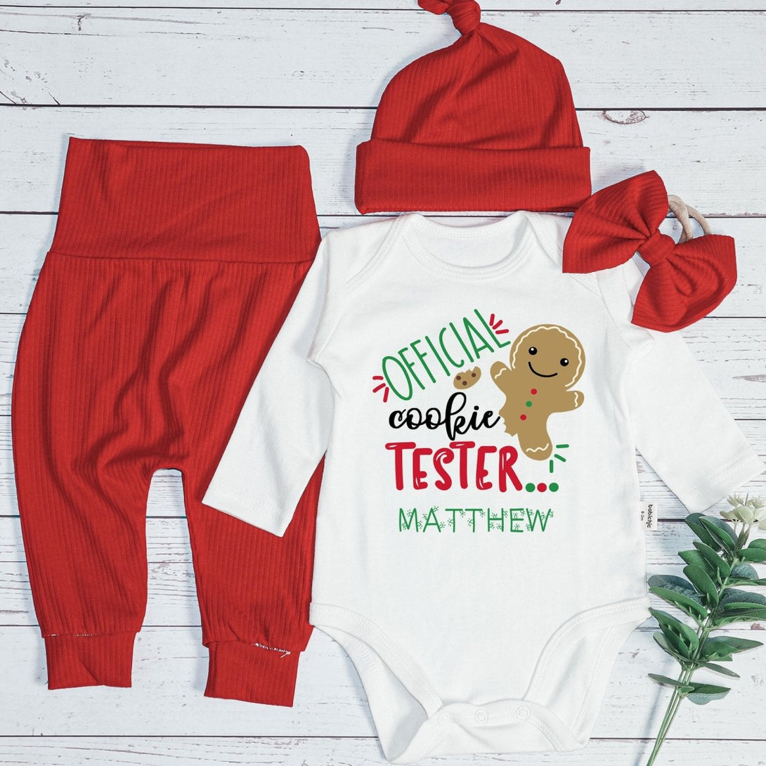 Personalized Official Cookie Tester Baby Onesie and Long Pants Set | Cute Cookie Tester Christmas Bodysuit - BabiChic