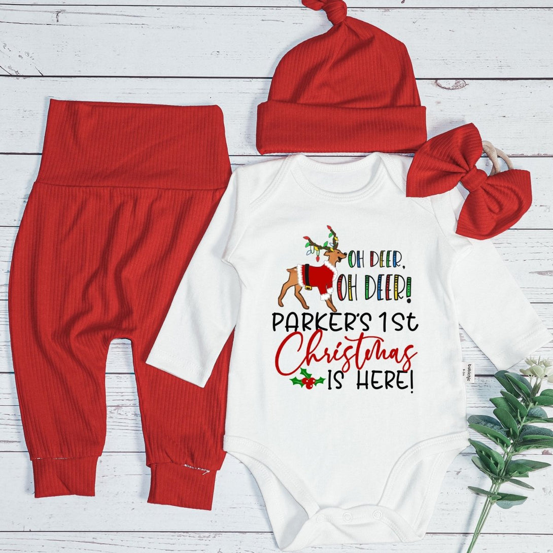 Personalized Oh Deer Baby Bell is Here Baby Onesie and Long Pants Set | Custom Cute Deer Newborn Bodysuit - BabiChic