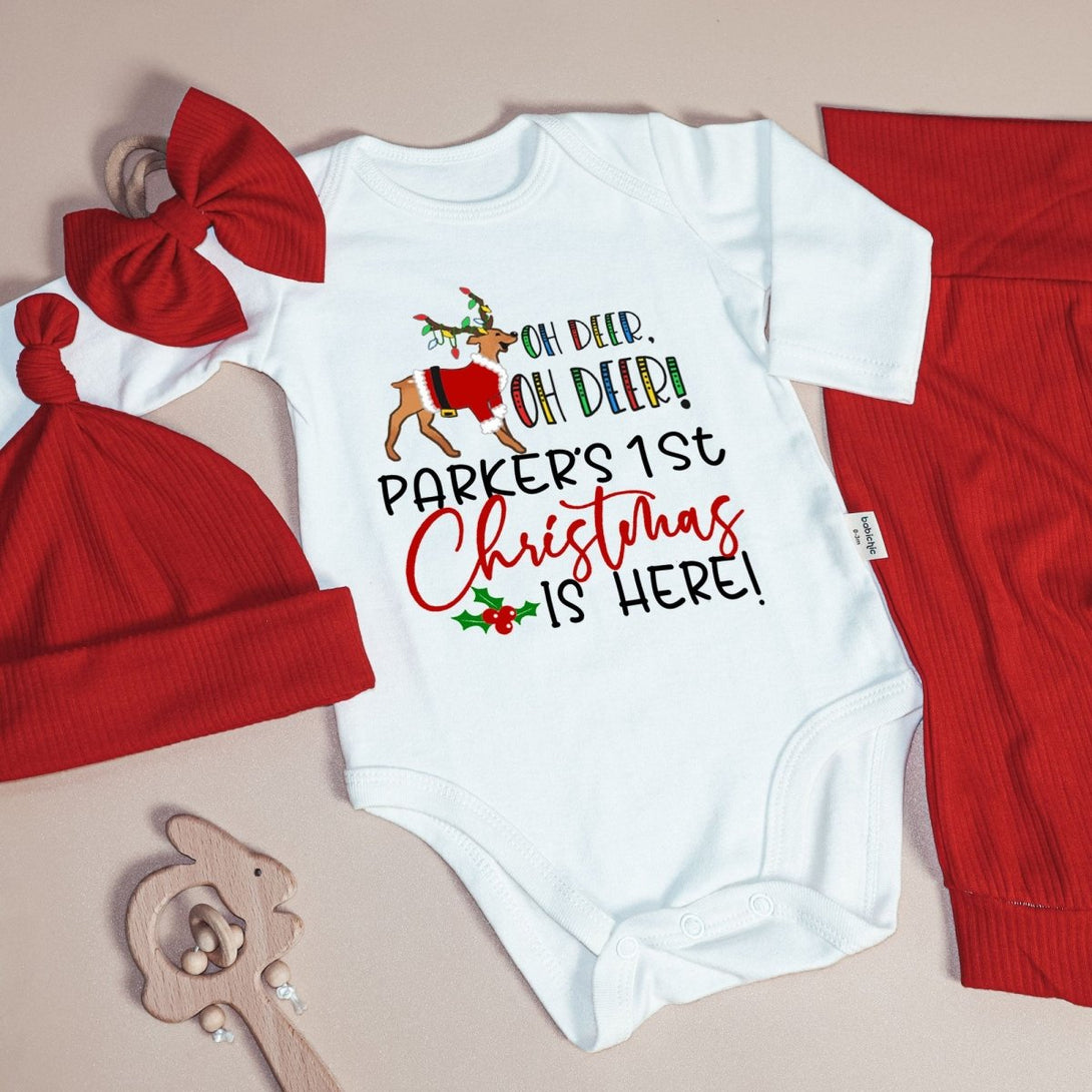 Personalized Oh Deer Baby Bell is Here Baby Onesie and Long Pants Set | Custom Cute Deer Newborn Bodysuit - BabiChic