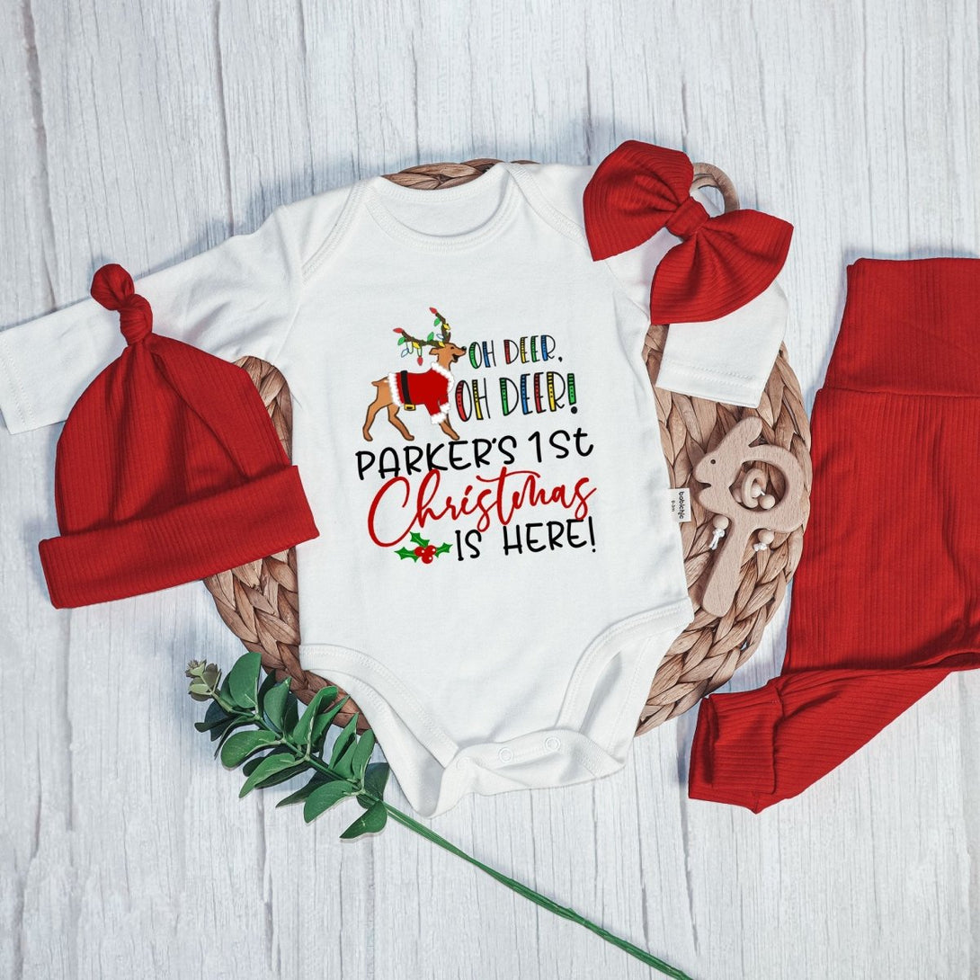 Personalized Oh Deer Baby Bell is Here Baby Onesie and Long Pants Set | Custom Cute Deer Newborn Bodysuit - BabiChic