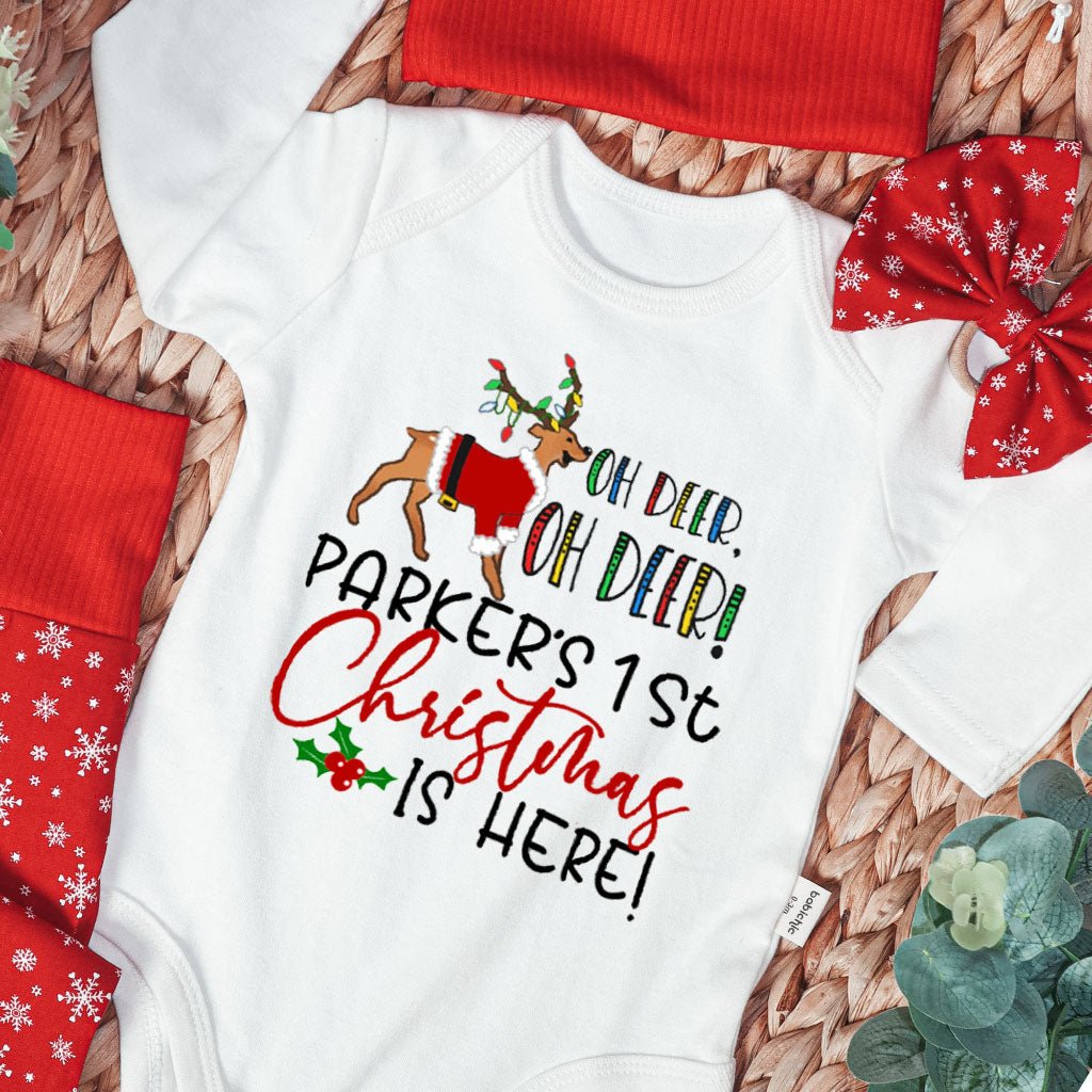 Personalized Oh Deer Baby Bell is Here Baby Onesie and Long Pants Set | Custom Cute Deer Newborn Bodysuit - BabiChic