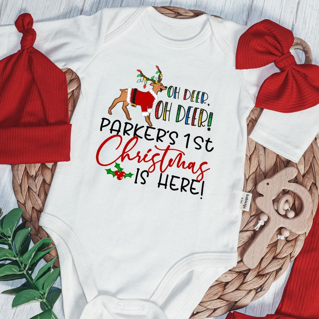 Personalized Oh Deer Baby Bell is Here Baby Onesie and Long Pants Set | Custom Cute Deer Newborn Bodysuit - BabiChic