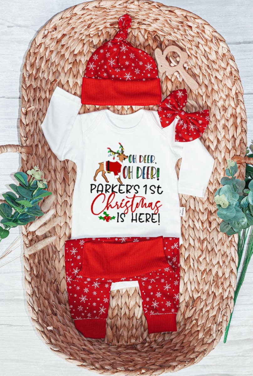 Personalized Oh Deer Baby Bell is Here Baby Onesie and Long Pants Set | Custom Cute Deer Newborn Bodysuit - BabiChic