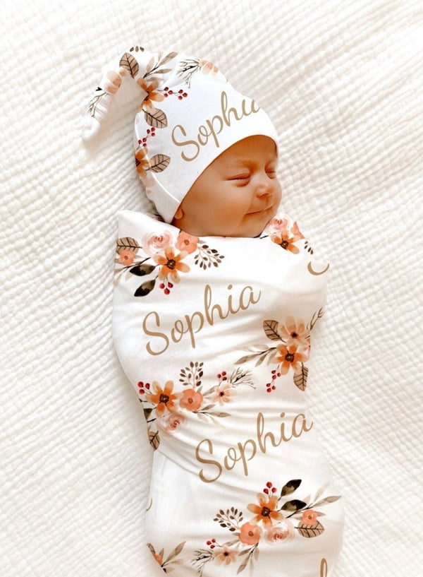 PERSONALIZED Peach Floral Swaddle Blanket Newborn Baby Girl Coming Home Outfit Name Baby Blanket Baby Shower Gift Hospital Photo Outfit - BabiChic