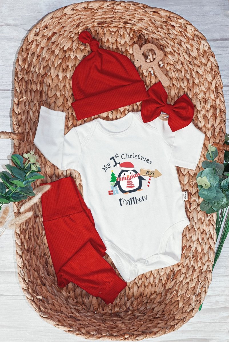 Personalized Penguin My First Christmas Baby Onesie and Long Pants Set | Custom Cute Penguin Christmas Baby Bodysuit - BabiChic