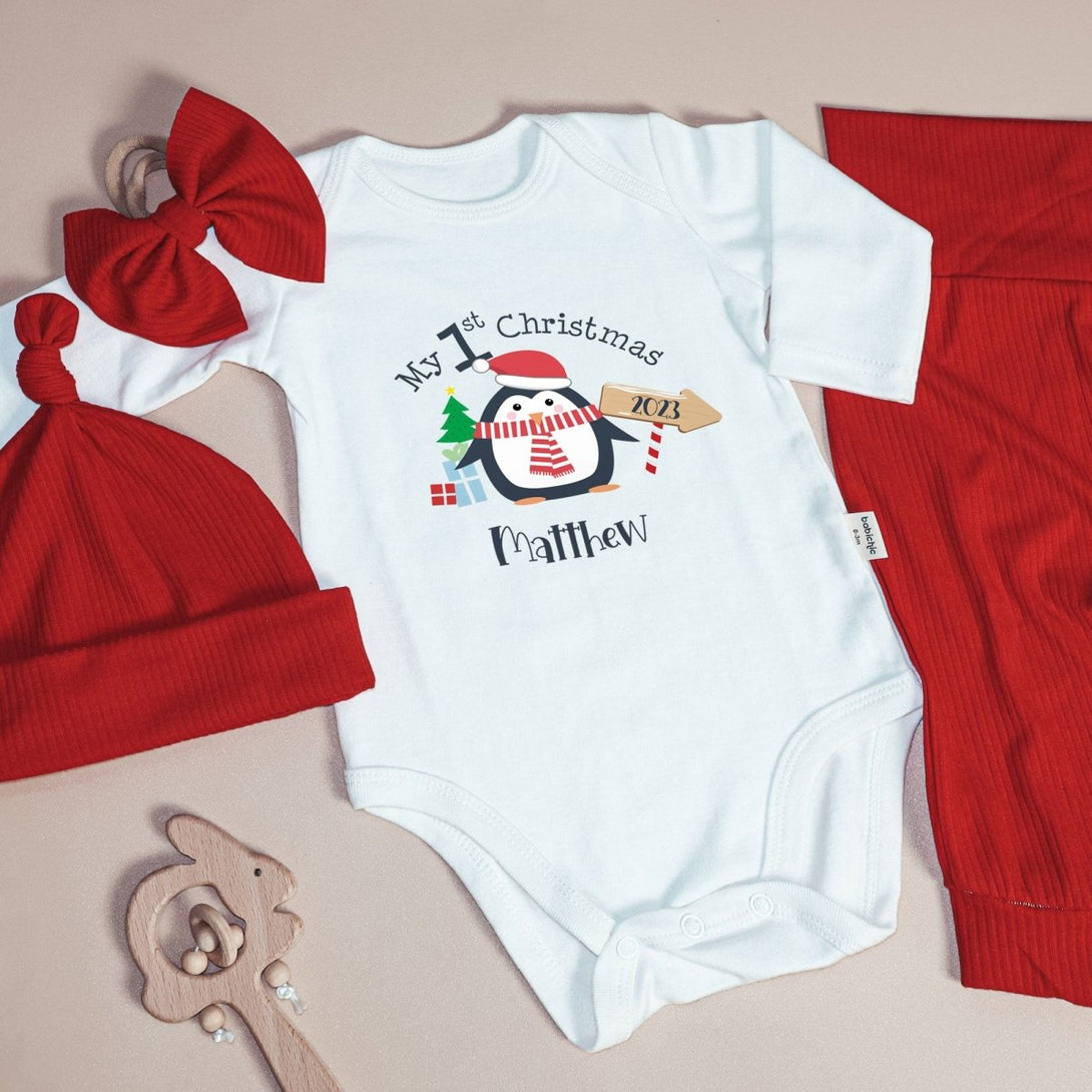 Personalized Penguin My First Christmas Baby Onesie and Long Pants Set | Custom Cute Penguin Christmas Baby Bodysuit - BabiChic