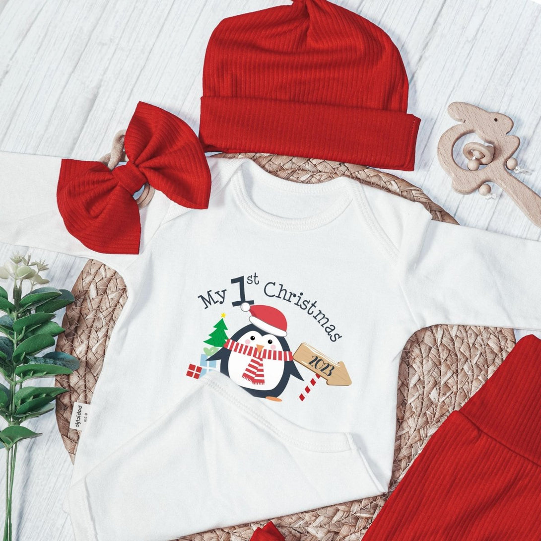 Personalized Penguin My First Christmas Baby Onesie and Long Pants Set | Custom Cute Penguin Christmas Baby Bodysuit - BabiChic