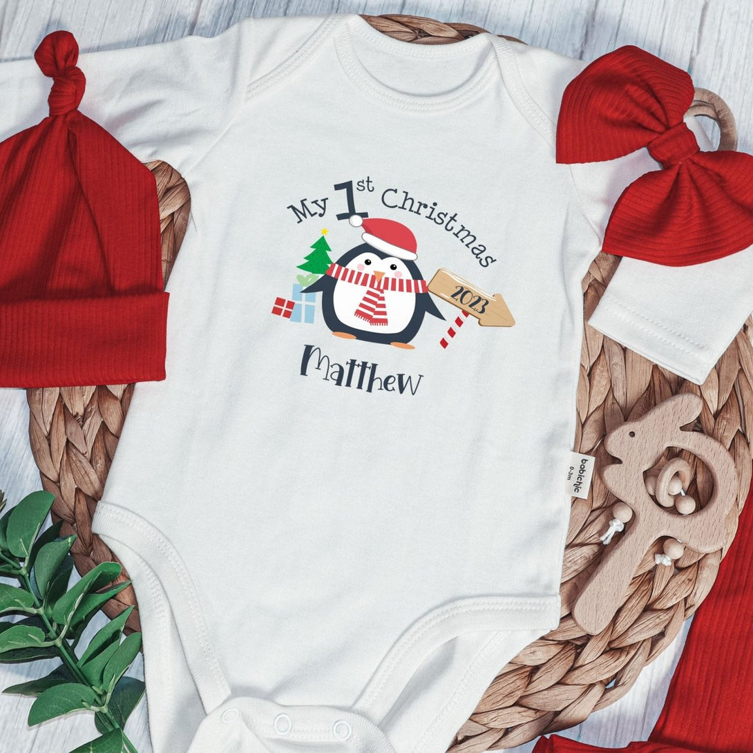 Personalized Penguin My First Christmas Baby Onesie and Long Pants Set | Custom Cute Penguin Christmas Baby Bodysuit - BabiChic