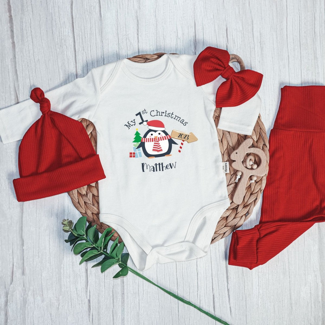 Personalized Penguin My First Christmas Baby Onesie and Long Pants Set | Custom Cute Penguin Christmas Baby Bodysuit - BabiChic