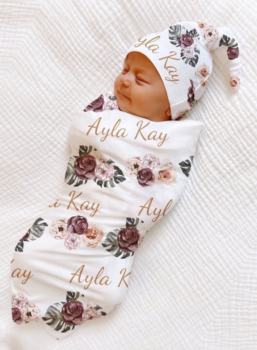 PERSONALIZED PURPLE Floral Swaddle Blanket Pink Newborn Baby Girl Coming Home Outfit Name Baby Blanket Shower Gift Hospital Photo Outfit - BabiChic