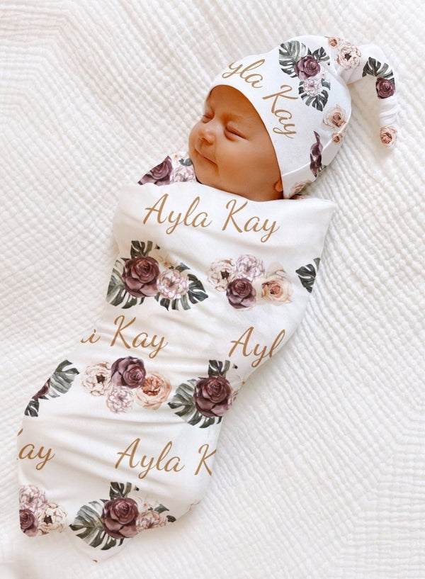 PERSONALIZED PURPLE Floral Swaddle Blanket PINK Newborn Baby Girl Coming Home Outfit Name Baby Blanket Shower Gift Hospital Photo Outfit - BabiChic