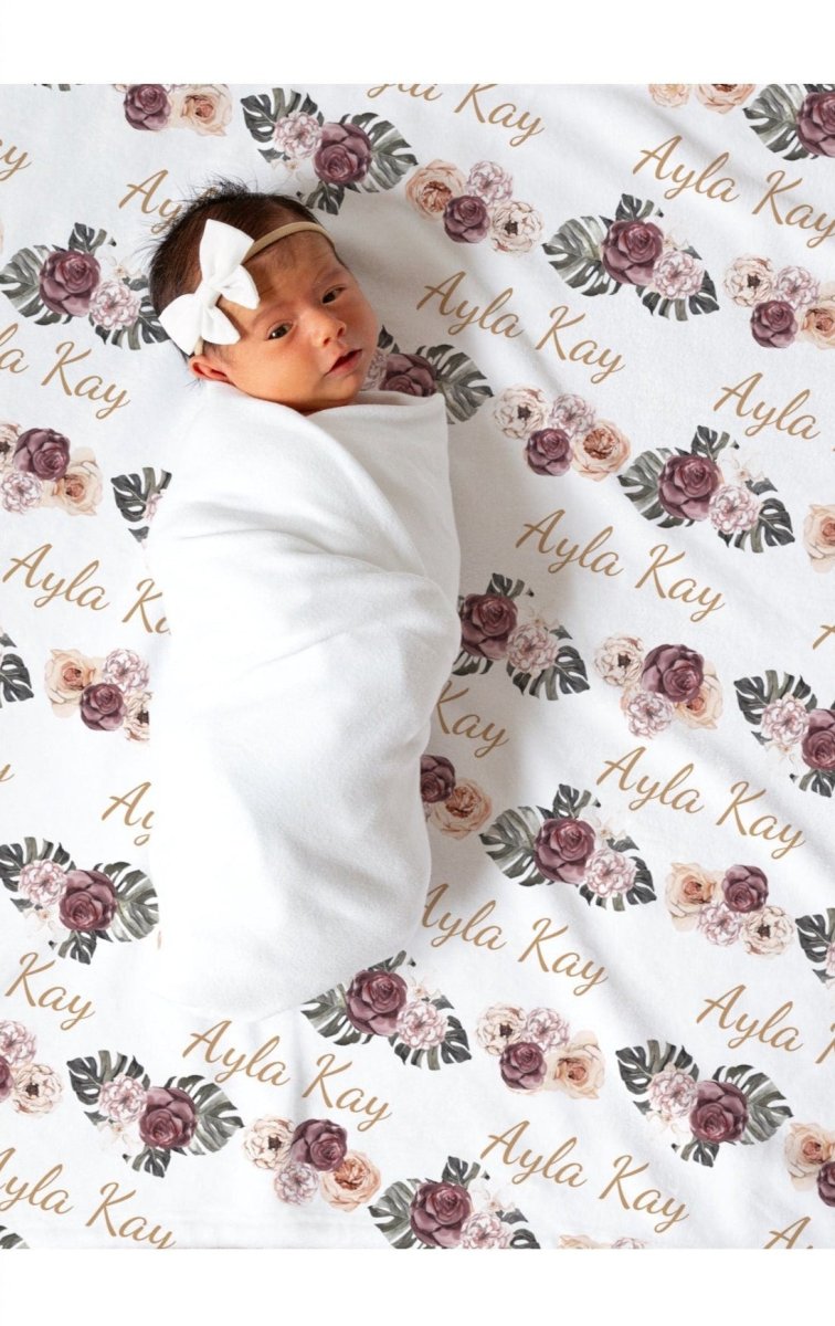 PERSONALIZED PURPLE Floral Swaddle Blanket Pink Newborn Baby Girl Coming Home Outfit Name Baby Blanket Shower Gift Hospital Photo Outfit - BabiChic