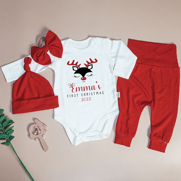 Personalized Reindeer Christmas Baby Girl Onesie and Long Pants Set | Custom First Christmas Baby Bodysuit - BabiChic