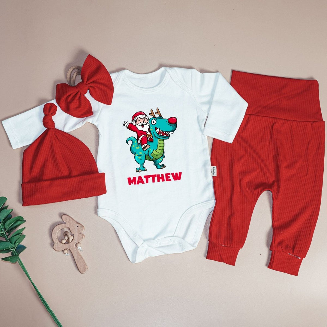 Personalized Santa Riding Dinosaur Baby Boy Onesie and Long Pants Set | Custom Christmas T-Rex Baby Bodysuit - BabiChic