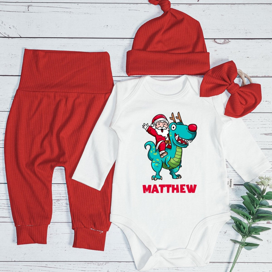 Personalized Santa Riding Dinosaur Baby Boy Onesie and Long Pants Set | Custom Christmas T-Rex Baby Bodysuit - BabiChic