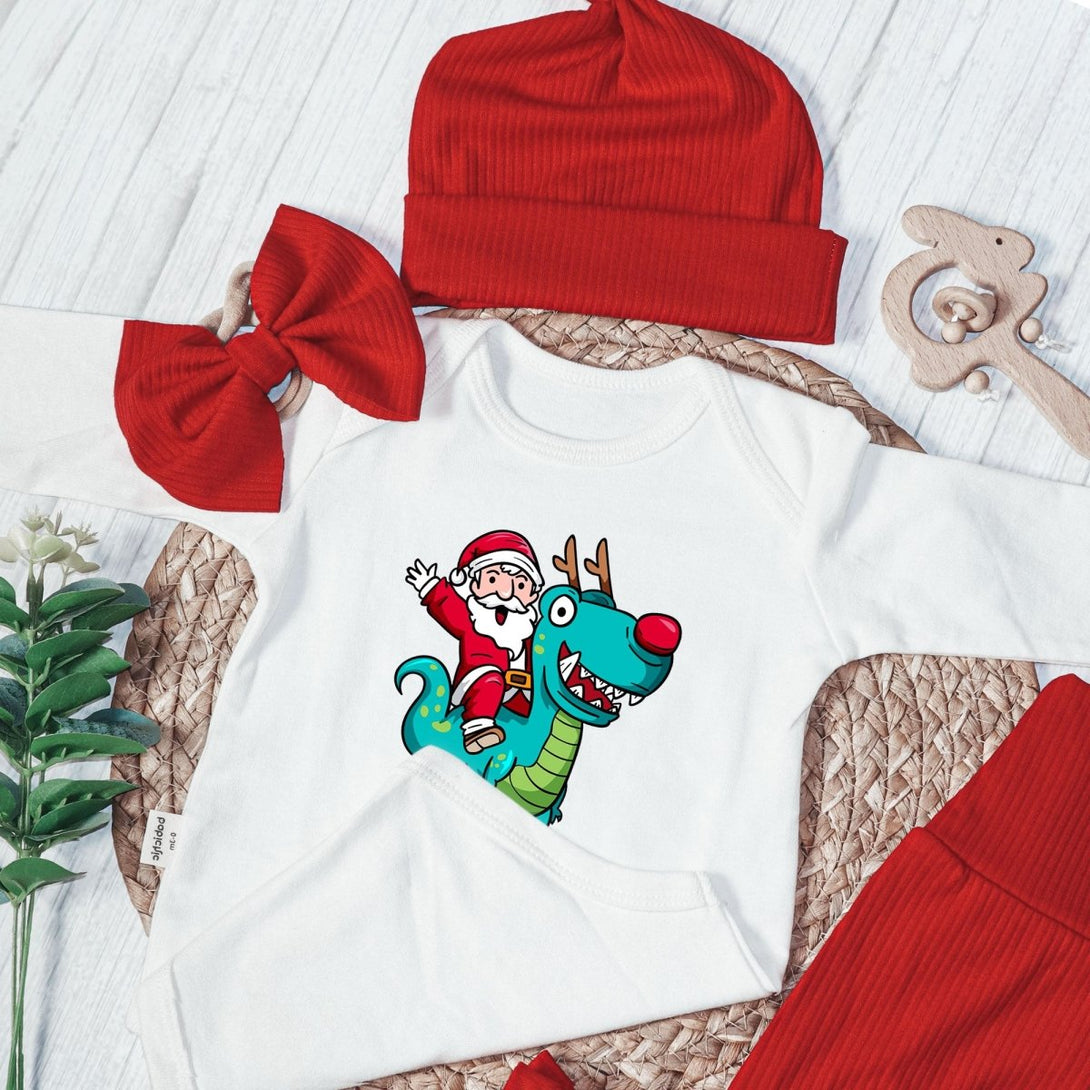 Personalized Santa Riding Dinosaur Baby Boy Onesie and Long Pants Set | Custom Christmas T-Rex Baby Bodysuit - BabiChic