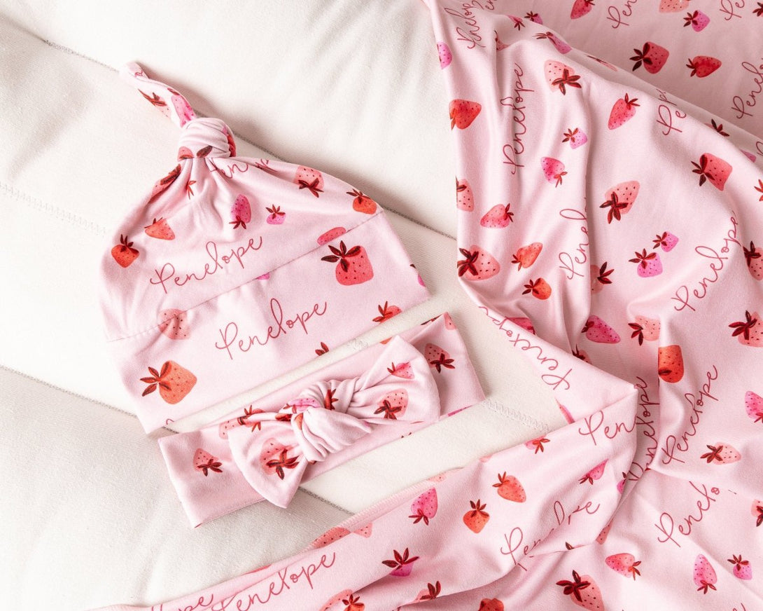 Personalized Swaddle Blanket - Strawberries - BabiChic