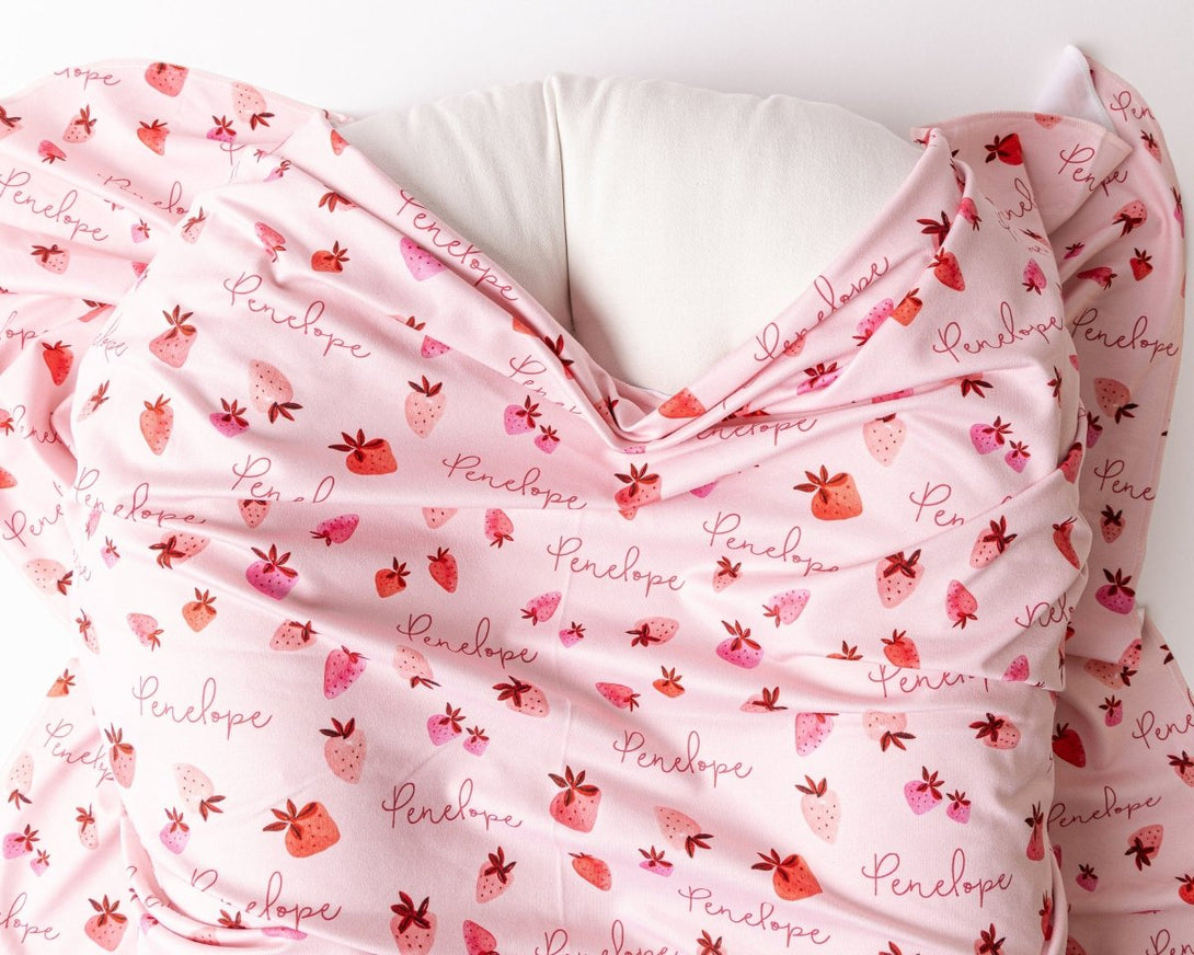 Personalized Swaddle Blanket - Strawberries - BabiChic