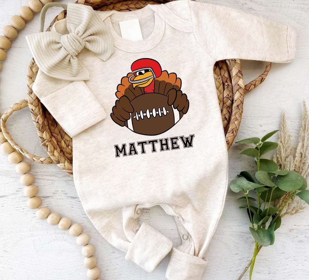 Personalized Thanksgiving Football Turkey Romper – 1st Thanksgiving Style - BabiChic