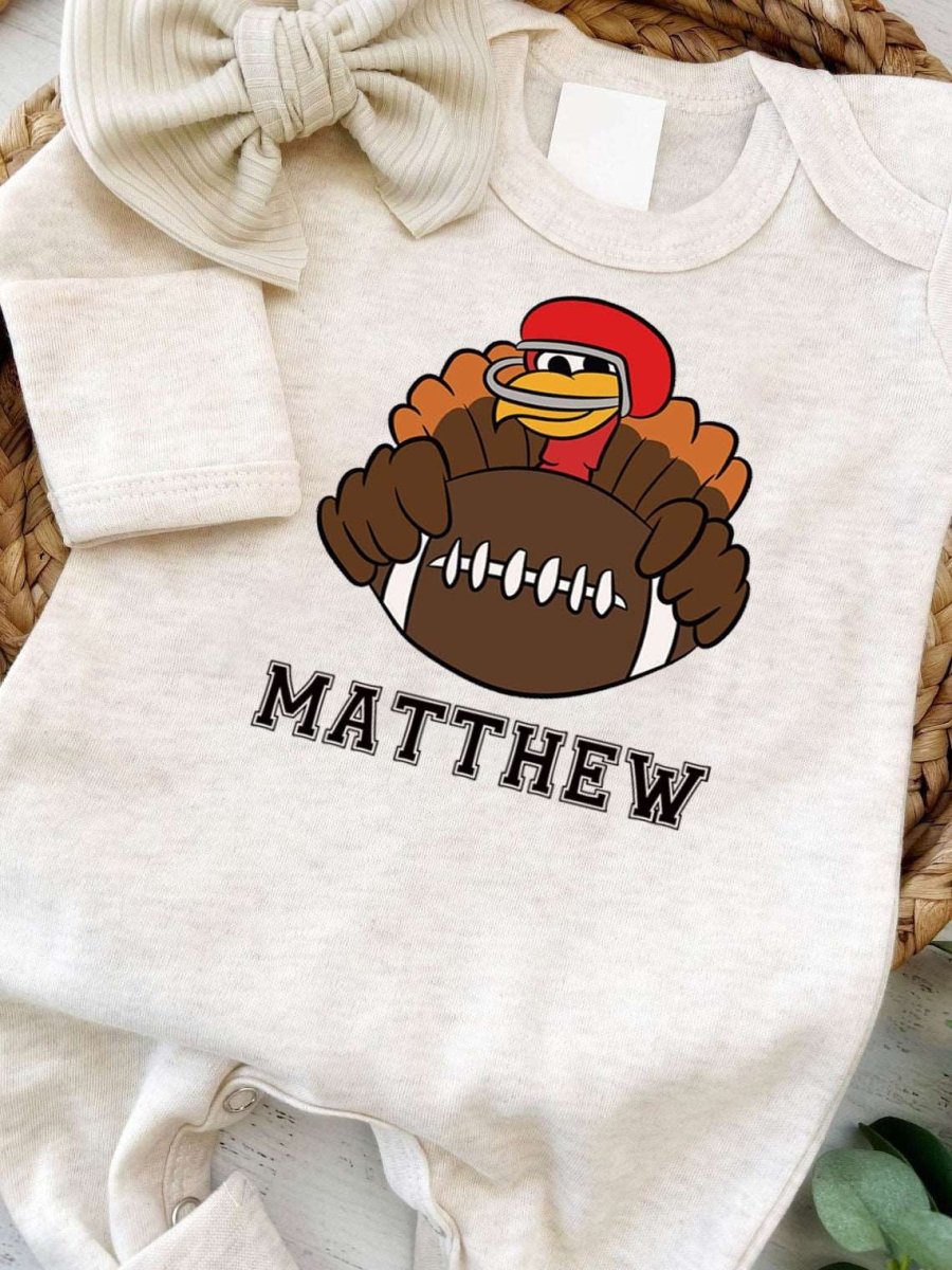 Personalized Thanksgiving Football Turkey Romper – 1st Thanksgiving Style - BabiChic