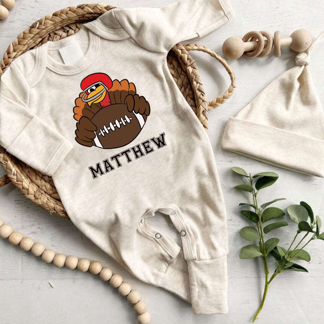 Personalized Thanksgiving Football Turkey Romper – 1st Thanksgiving Style - BabiChic